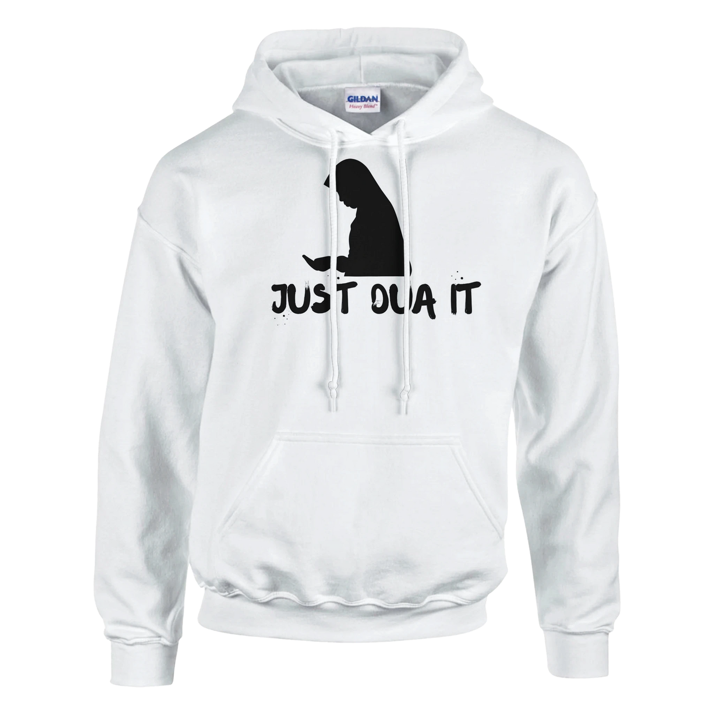 White Gildan 18500 pullover sweatshirt with black silhouette and Just Do It graphic print