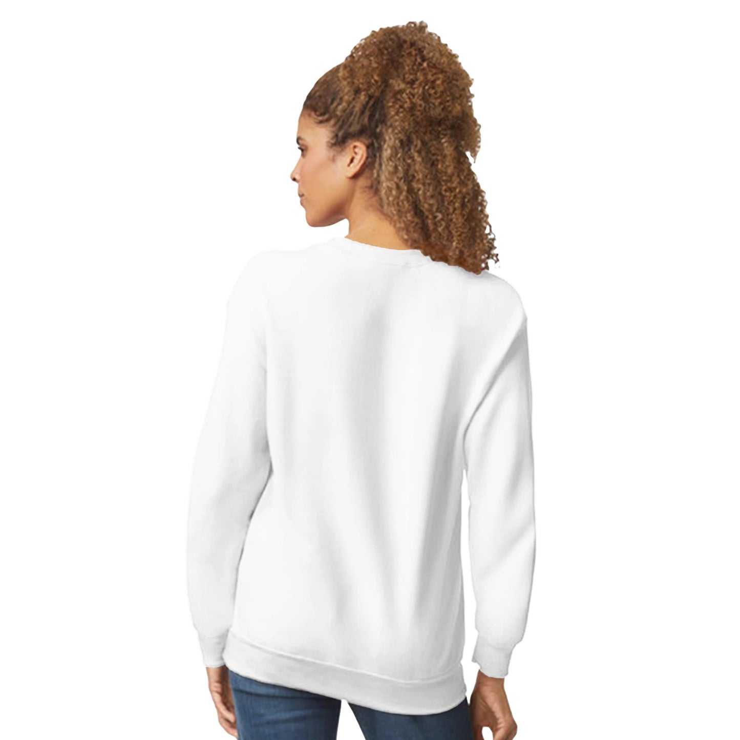 Back view of a white classic unisex pullover hoodie worn by a woman with curly hair in casual style