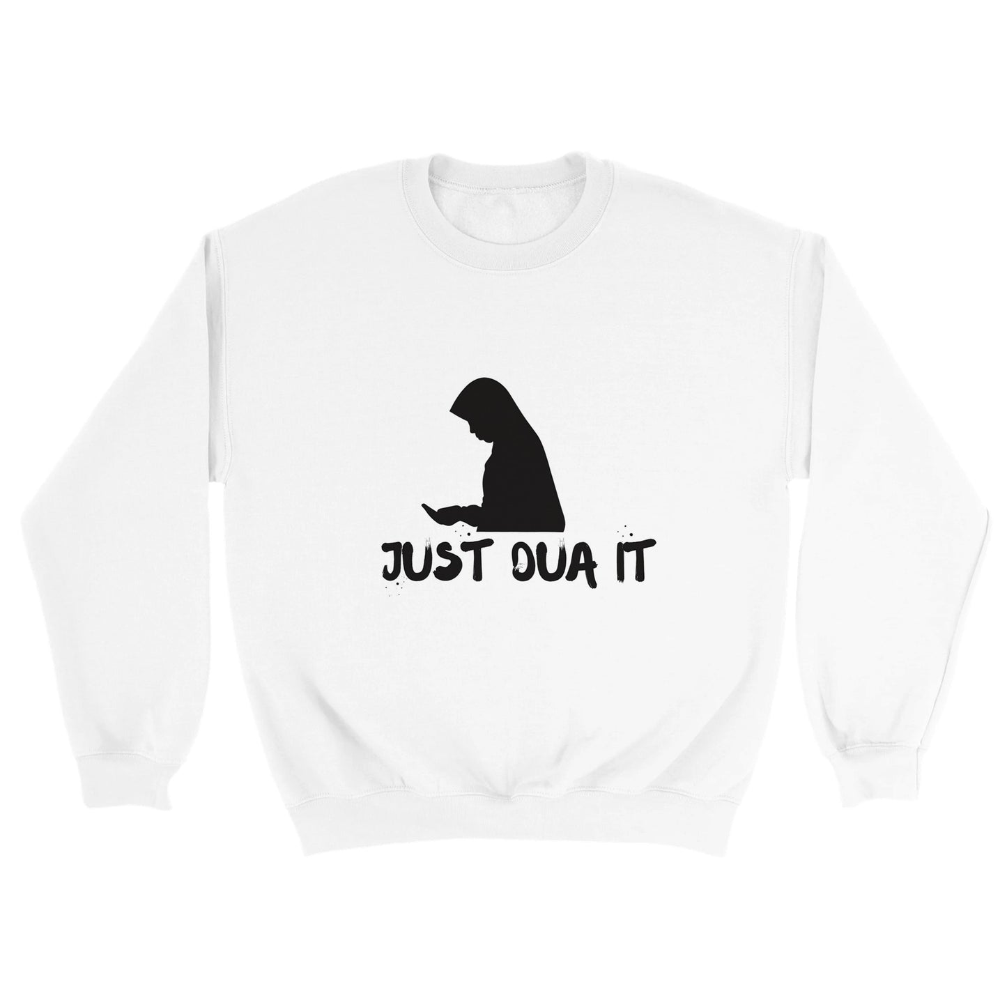 White classic unisex pullover hoodie with black silhouette and Just Dua It text print by Luxurymania24