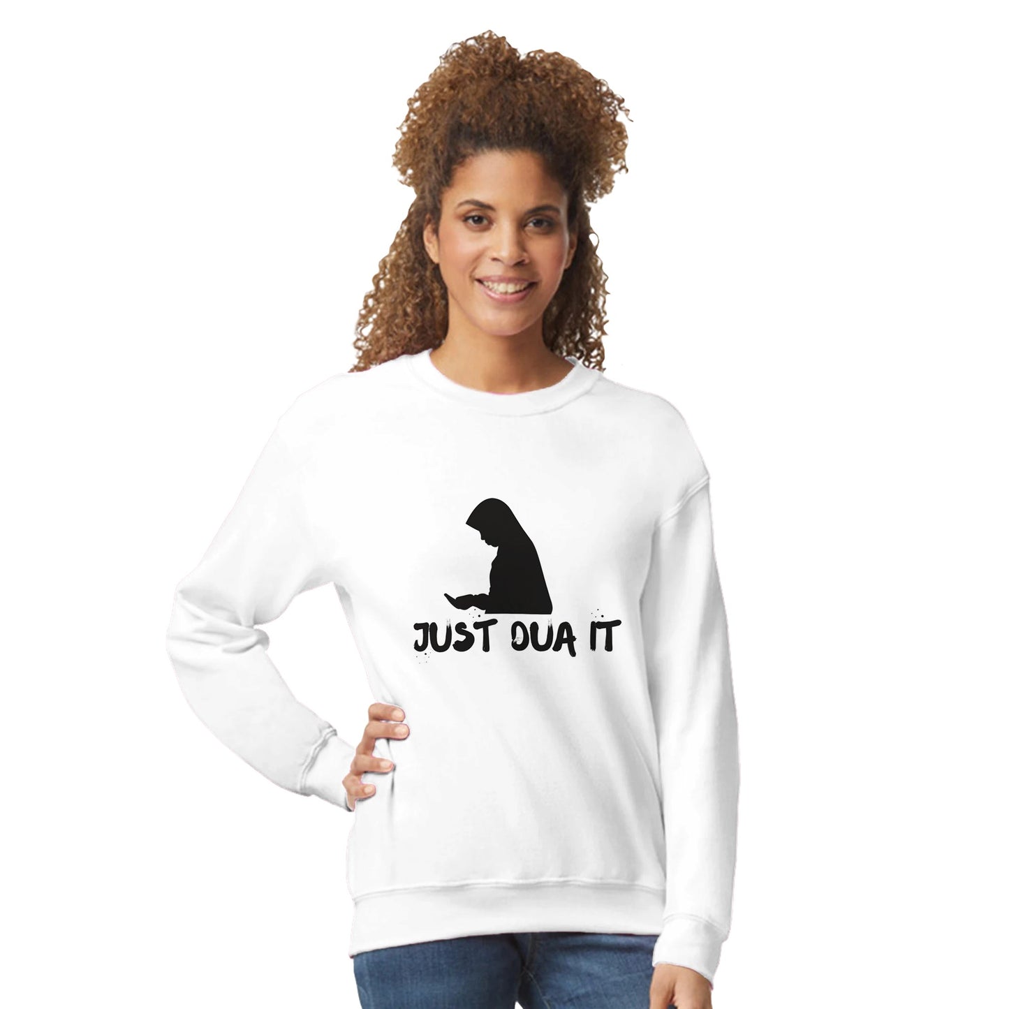 White classic unisex pullover hoodie with black silhouette and Just Dua It print