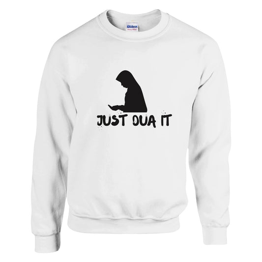Classic unisex pullover hoodie in white with Just Dua It graphic and black silhouette print