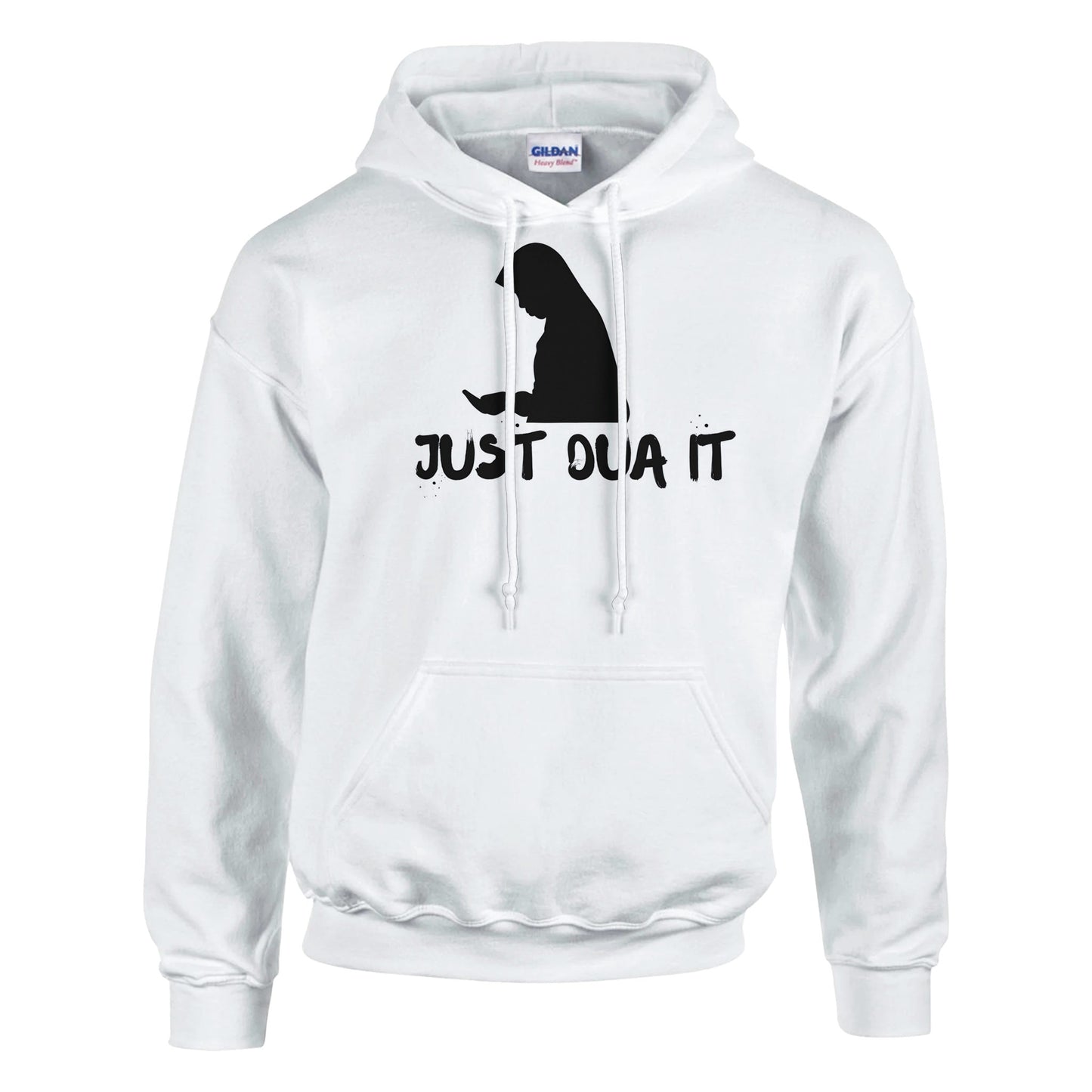 Unisex white pullover hoodie with a black silhouette design and Just Do It text printed on front