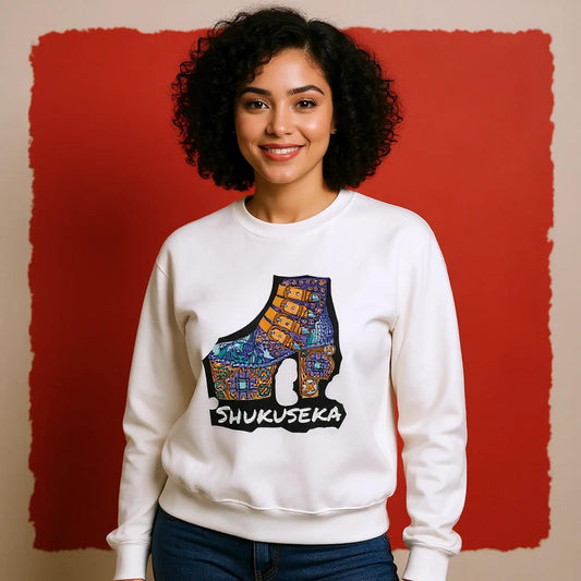 Gildan white crewneck sweatshirt featuring a colourful graphic of a shoe design for casual wear