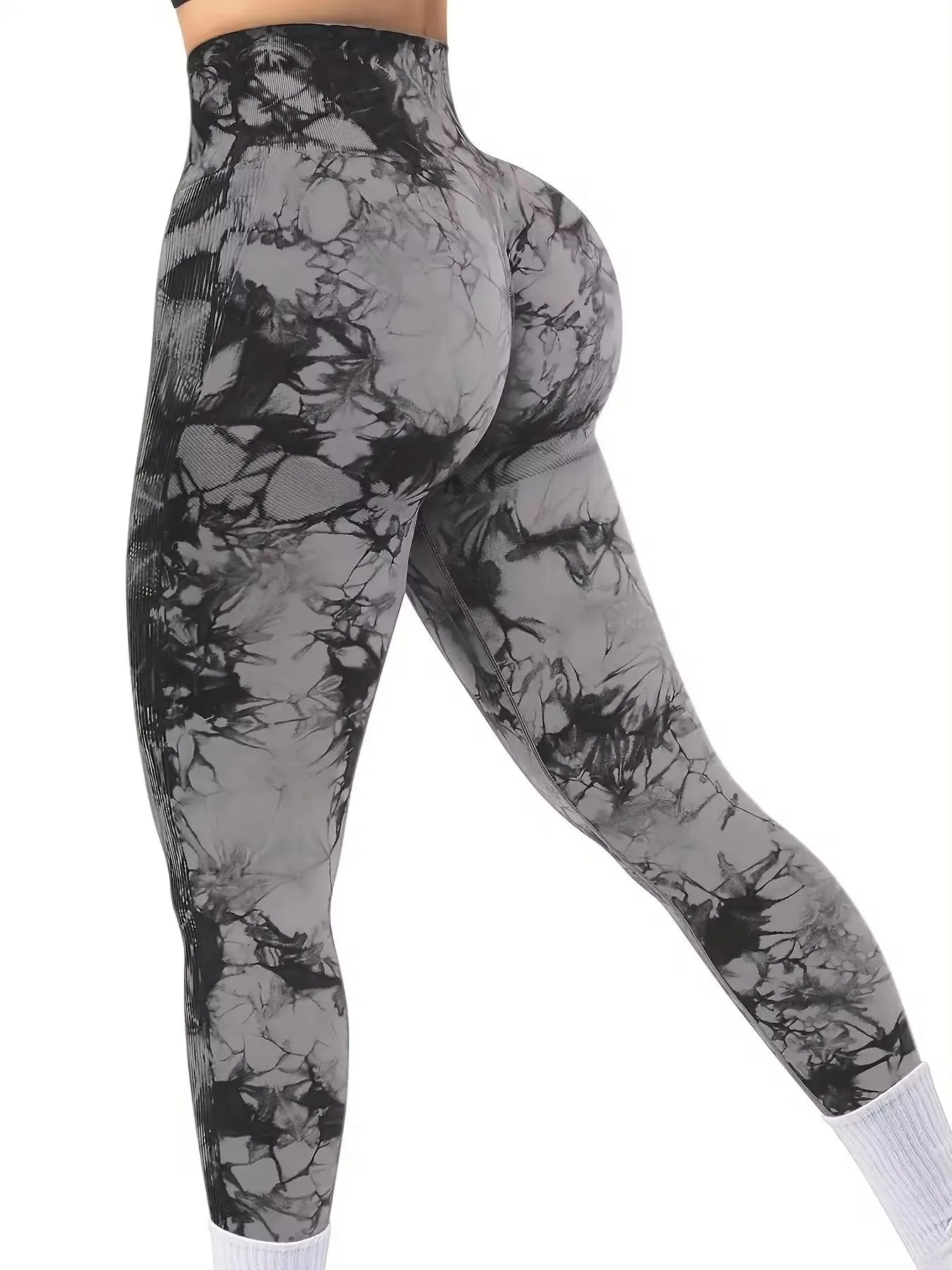 Luxurymania24 seamless high waist gym leggings in black and grey tie-dye print for women