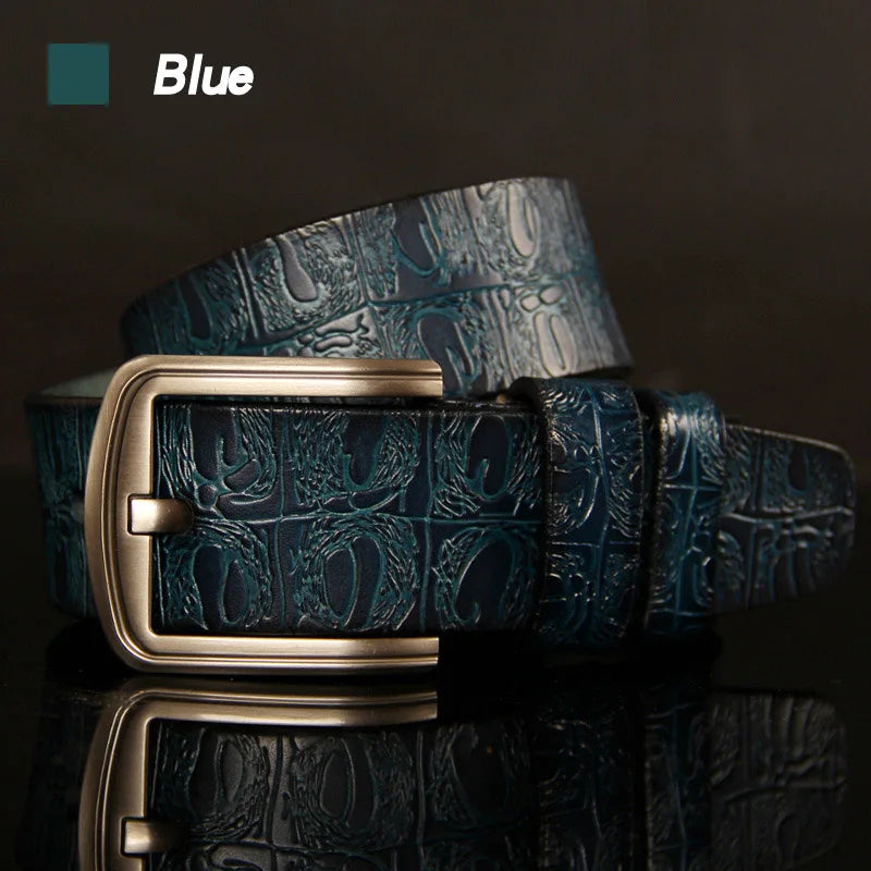 Luxurymania24 blue embossed leather belt with brass pin buckle high quality pin buckle belt male for smart casual wear
