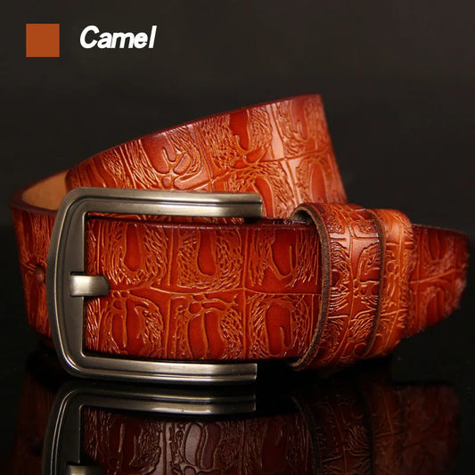 Luxurymania24 camel brown embossed leather belt with brushed metal pin buckle high quality pin buckle belt male