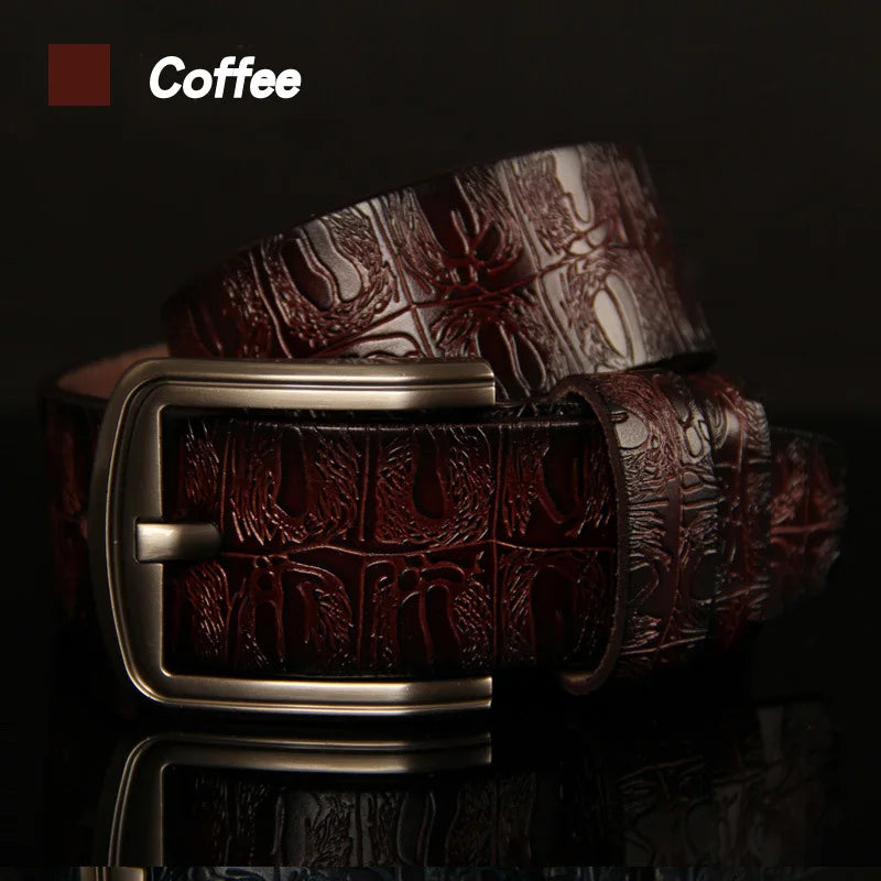 Luxurymania24 coffee embossed leather belt with brass pin buckle high quality pin buckle belt male