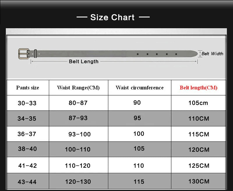 Luxurymania24 size chart for high quality pin buckle belt male showing belt length waist ranges and sizes
