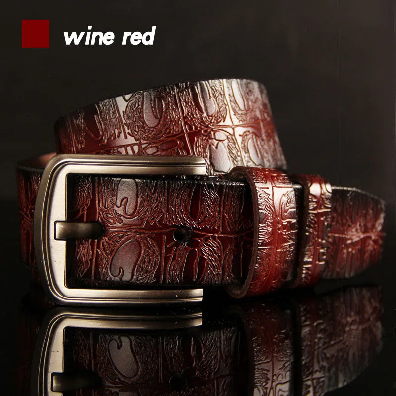 Luxurymania24 wine red embossed leather belt with metal pin buckle high quality pin buckle belt male stylish formal accessory
