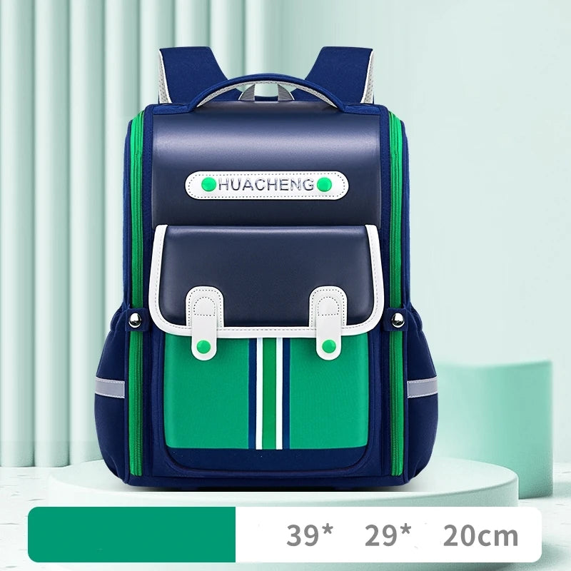 Luxurymania24 navy and green HUACHENG structured school bag with front pocket and straps fashion student backpack 2024