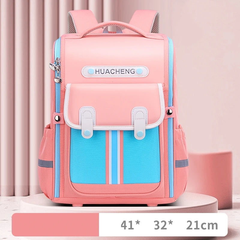 Pink and blue Huacheng kids school backpack with front pocket water bottle holders and padded straps fashion student backpack 2024