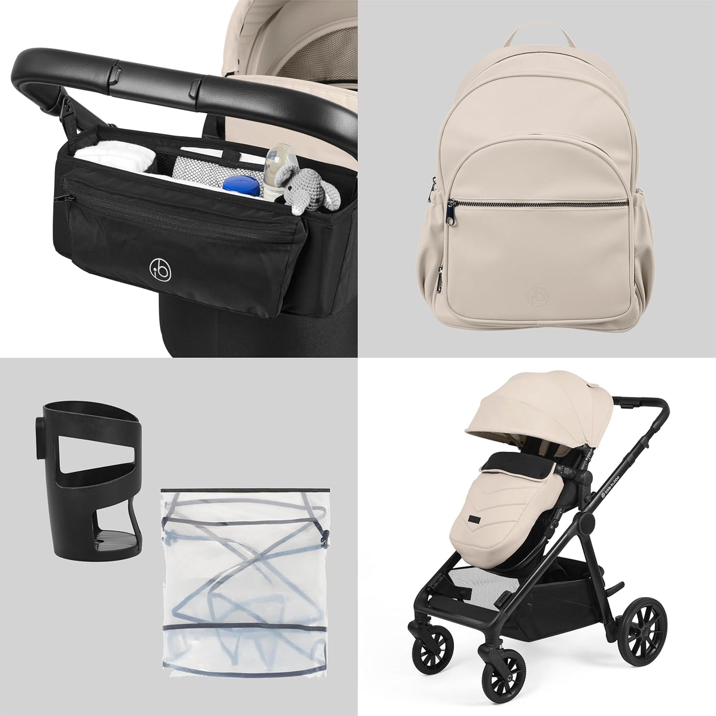 Ickle Bubba Virgo Twin travel system set including beige stroller, black organizer bag, beige backpack, cup holder, and laundry bag