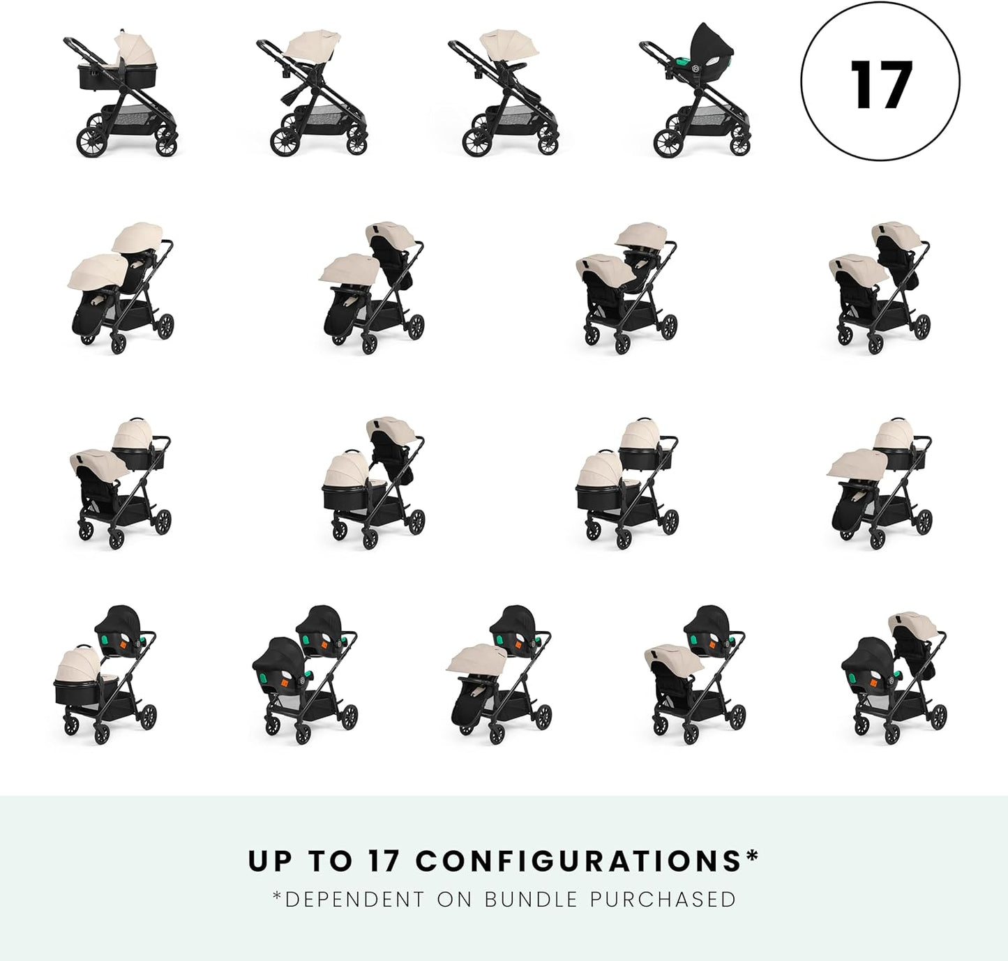 Ickle Bubba Virgo Twin travel system by Luxurymania showing up to 17 stroller and seat configurations