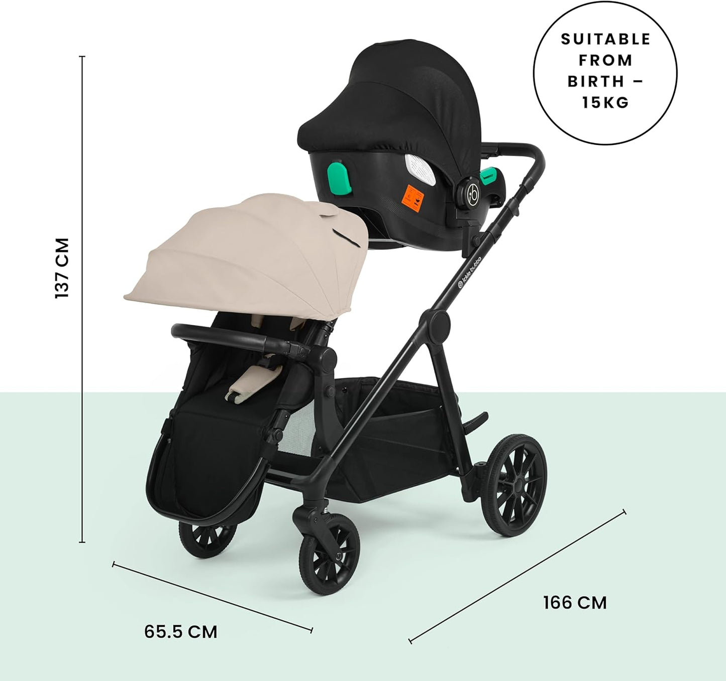 Luxurymania Ickle Bubba Virgo Twin travel system black frame with beige front seat and black car seat