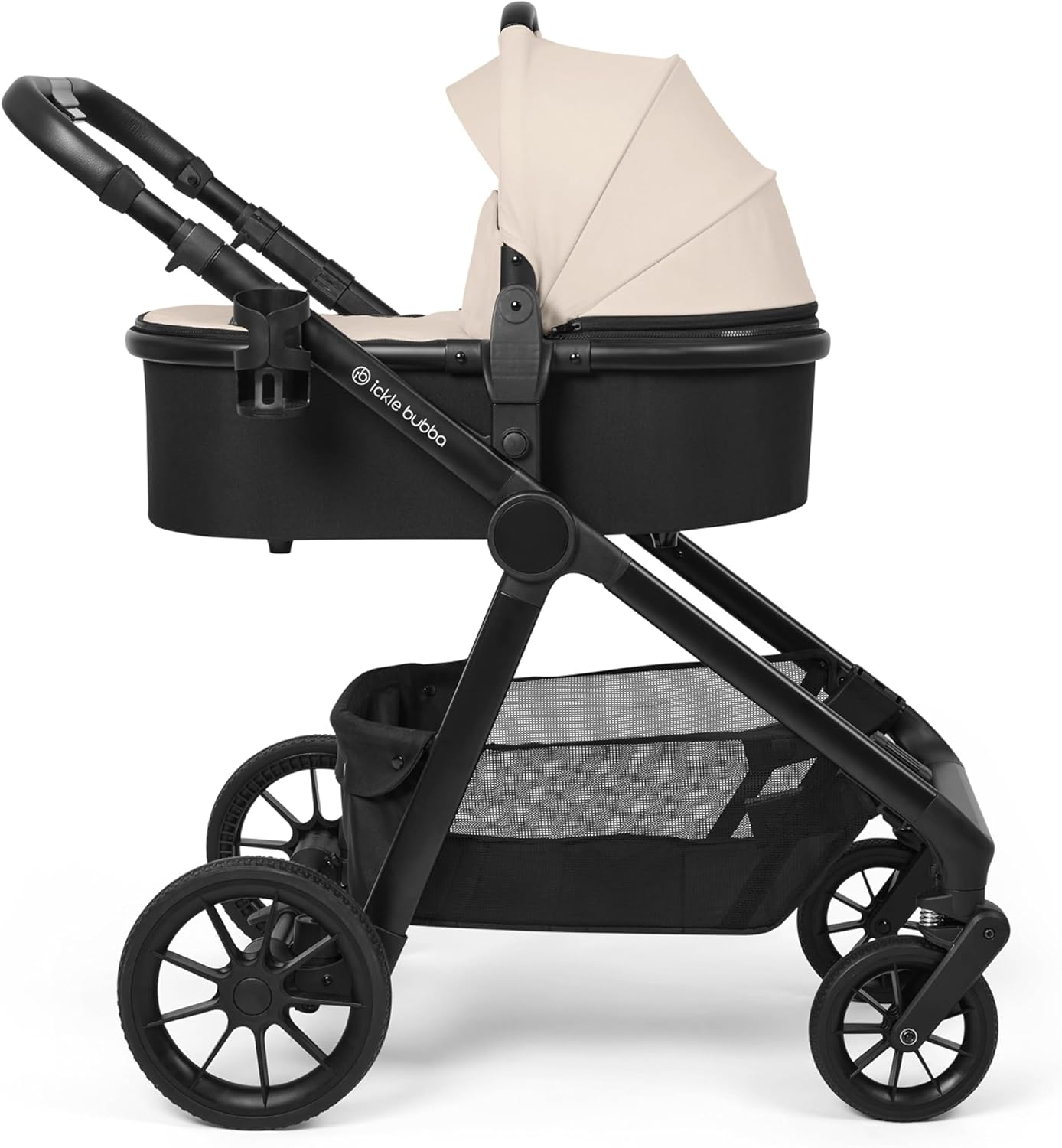 Ickle Bubba Virgo Twin travel system beige bassinet stroller with black frame and large storage basket