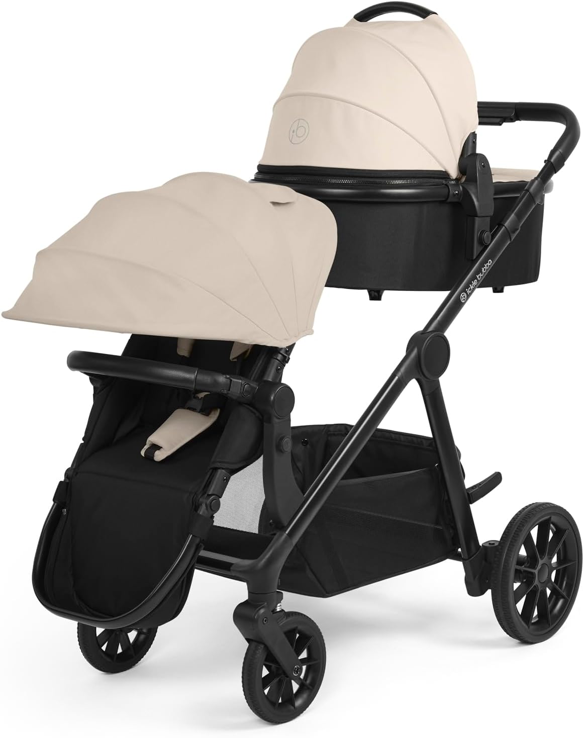 Ickle Bubba Virgo Twin travel system beige and black double stroller with bassinet and seats