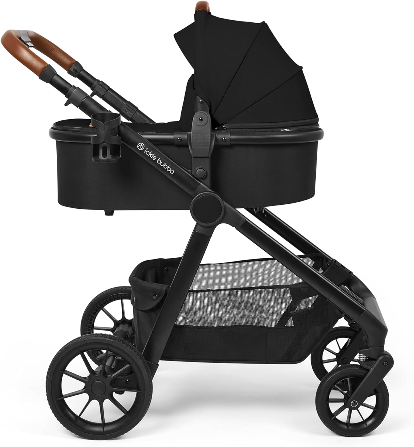 Ickle Bubba Virgo Twin travel system in black with leather handle and spacious storage basket