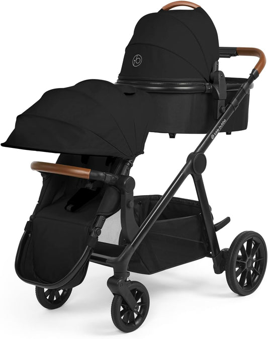 Luxurymania Ickle Bubba Virgo Twin travel system black stroller with leather handles and storage basket