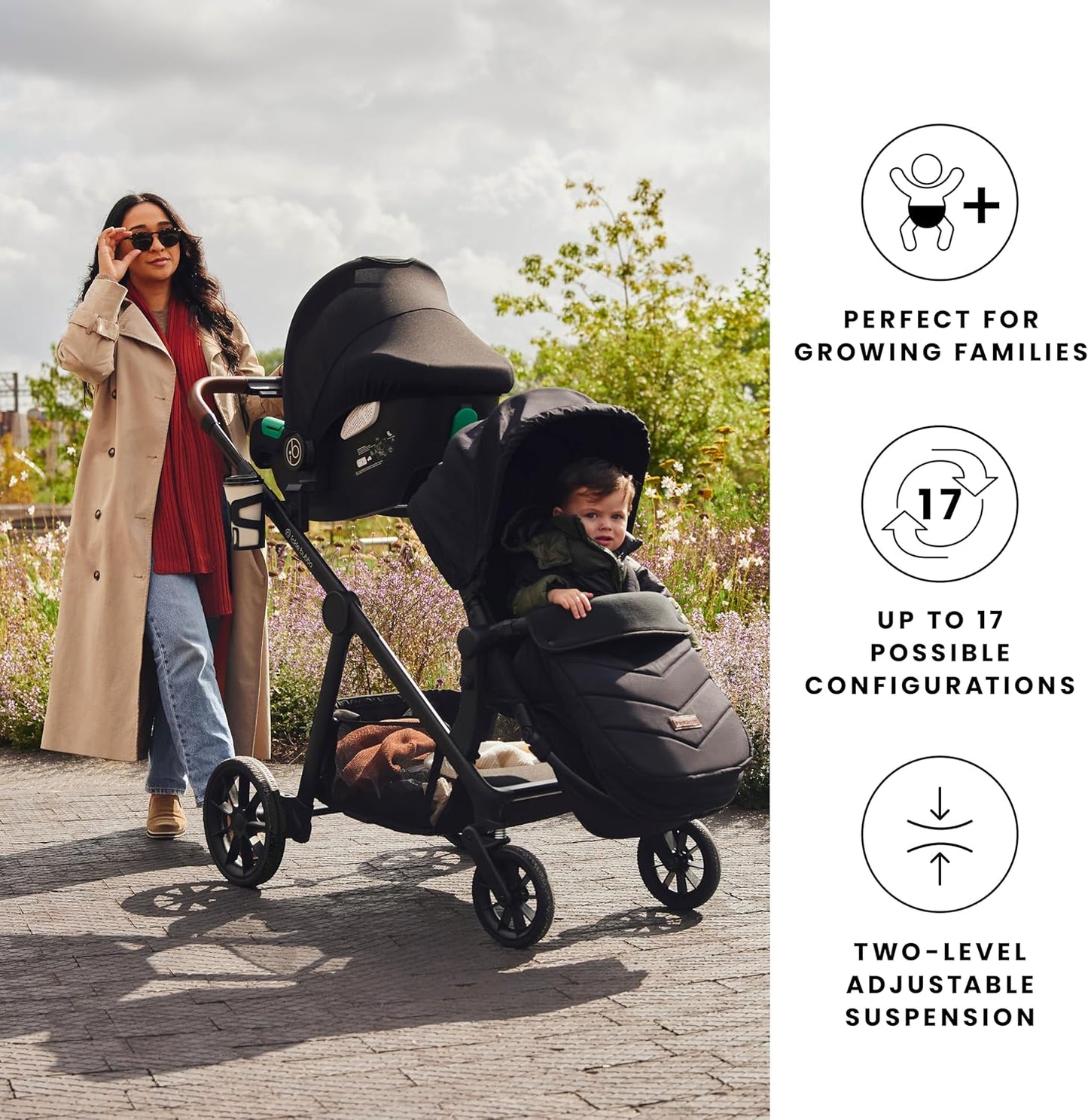 Luxurymania Ickle Bubba Virgo Twin travel system with two children and adjustable suspension