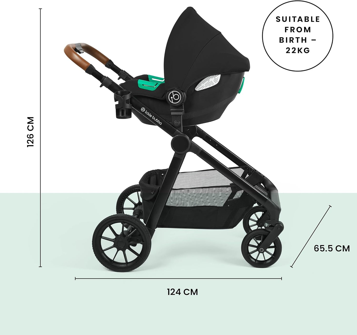 Luxurymania Ickle Bubba Virgo Twin travel system stroller in black with brown handle and compact fold