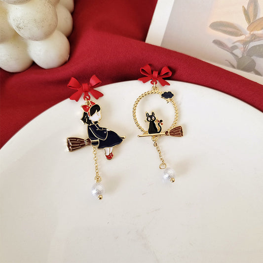 Creative Drip Oil Bow Earrings asymmetrical gold enamel earrings with red bows girl on broom and black cat pearl drops