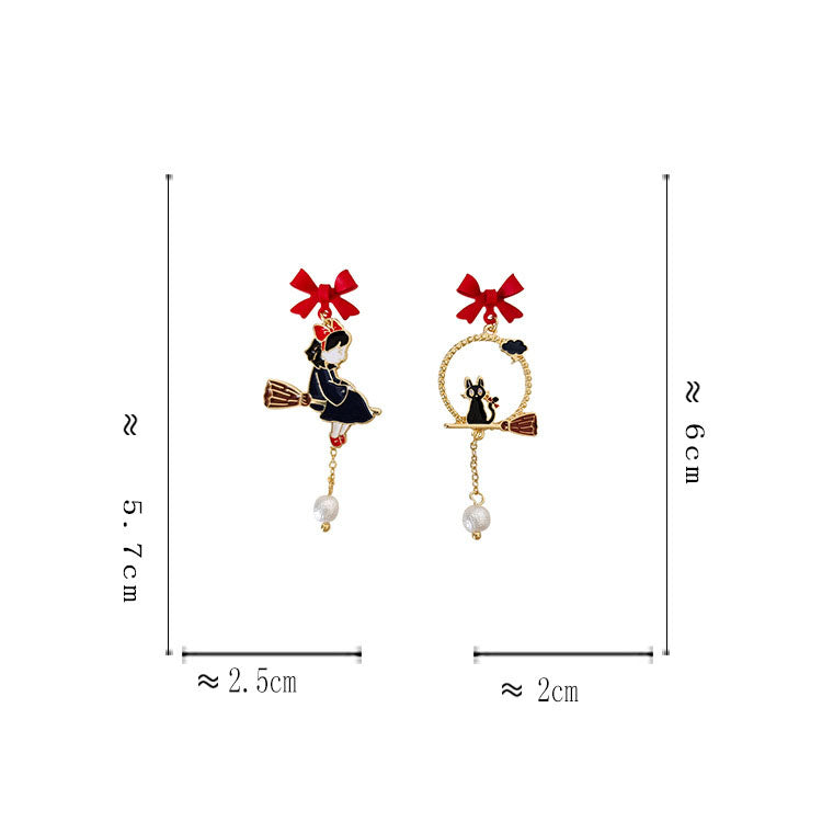 Creative Drip Oil Bow Earrings pair gold enamel witch and cat designs with red bows and pearl drops