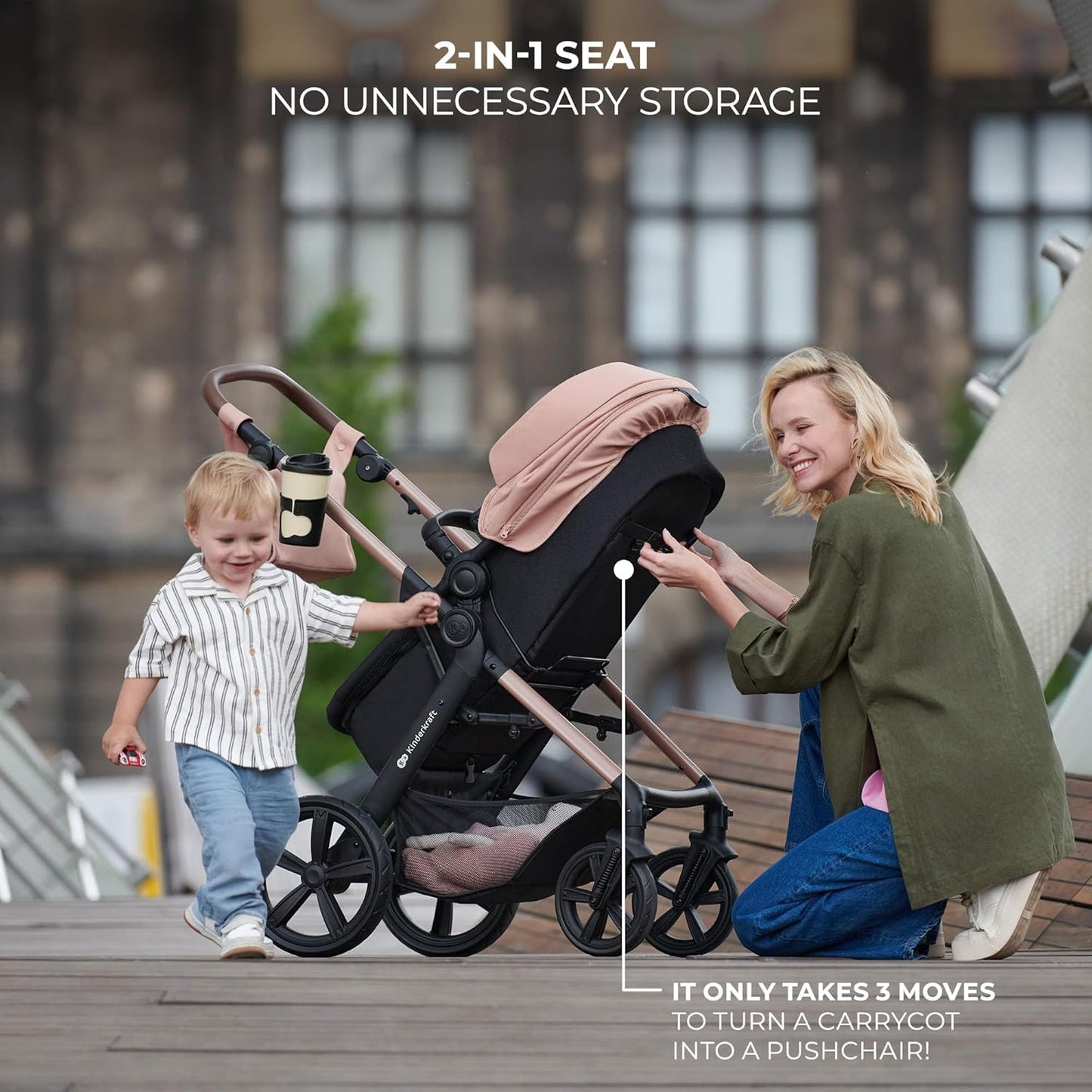 Mother adjusts Kinderkraft MOOV2 AIR pram set 2 in 1 seat while toddler walks beside them on a city boardwalk