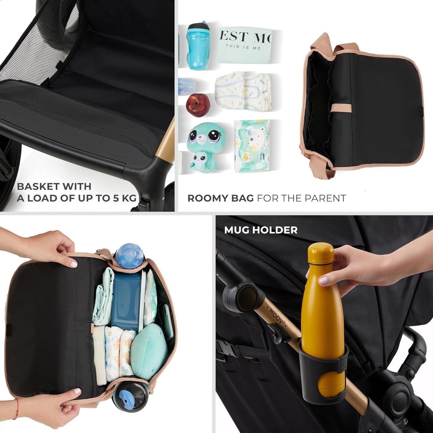 Kinderkraft MOOV2 AIR pram set with large 5kg underseat basket roomy parent bag and cup holder