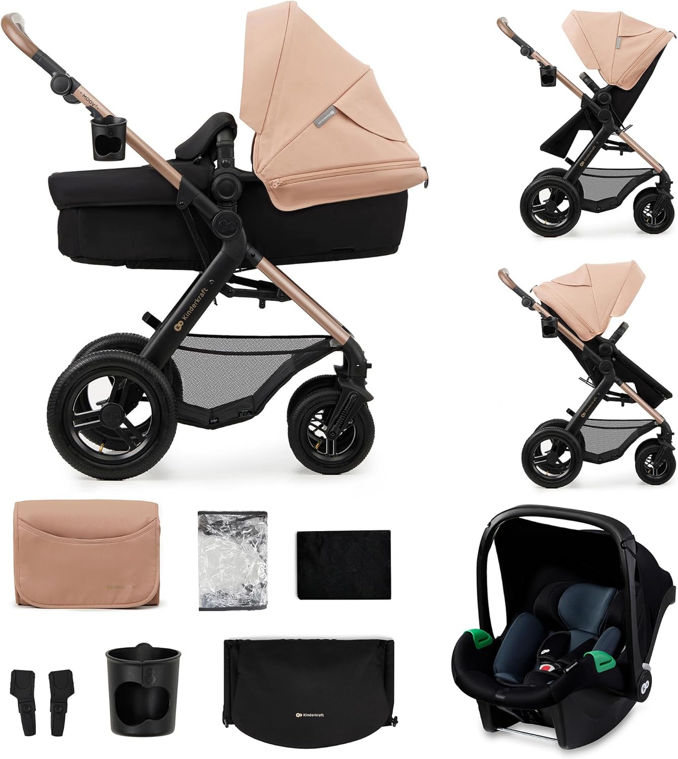 Luxurymania24 Kinderkraft MOOV2 AIR pram set beige canopy with black chassis travel system and infant car seat accessories