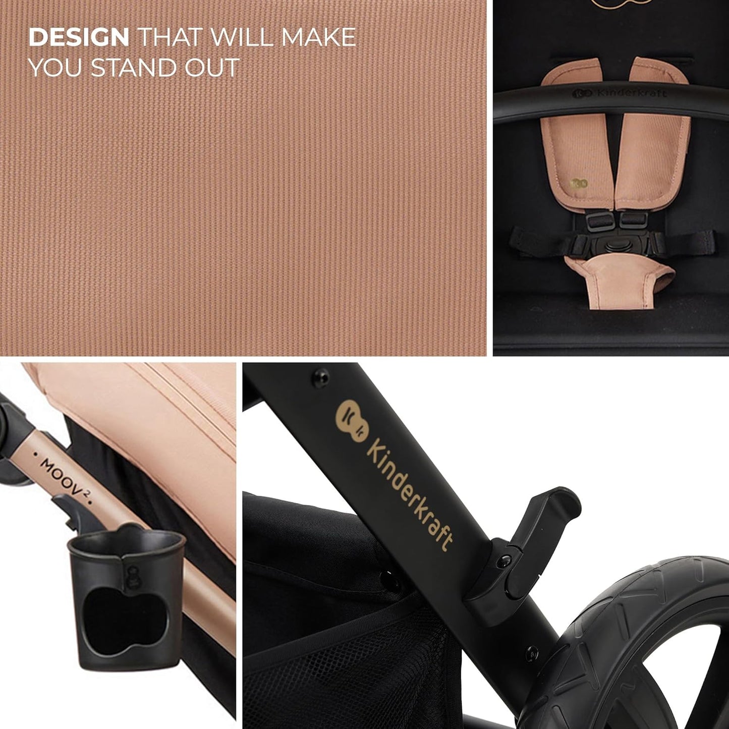 Luxurymania24 Kinderkraft MOOV2 AIR pram set collage showing beige fabric texture harness cup holder and wheel