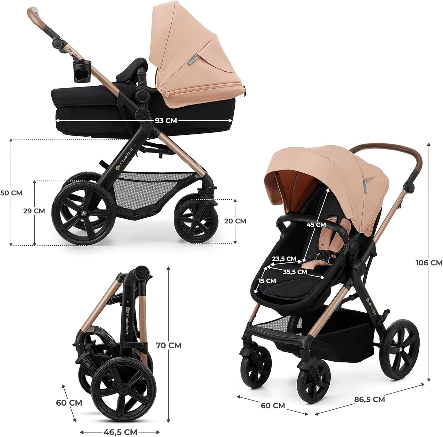 Luxurymania24 Kinderkraft MOOV2 AIR pram set beige travel system with carrycot seat foldable frame