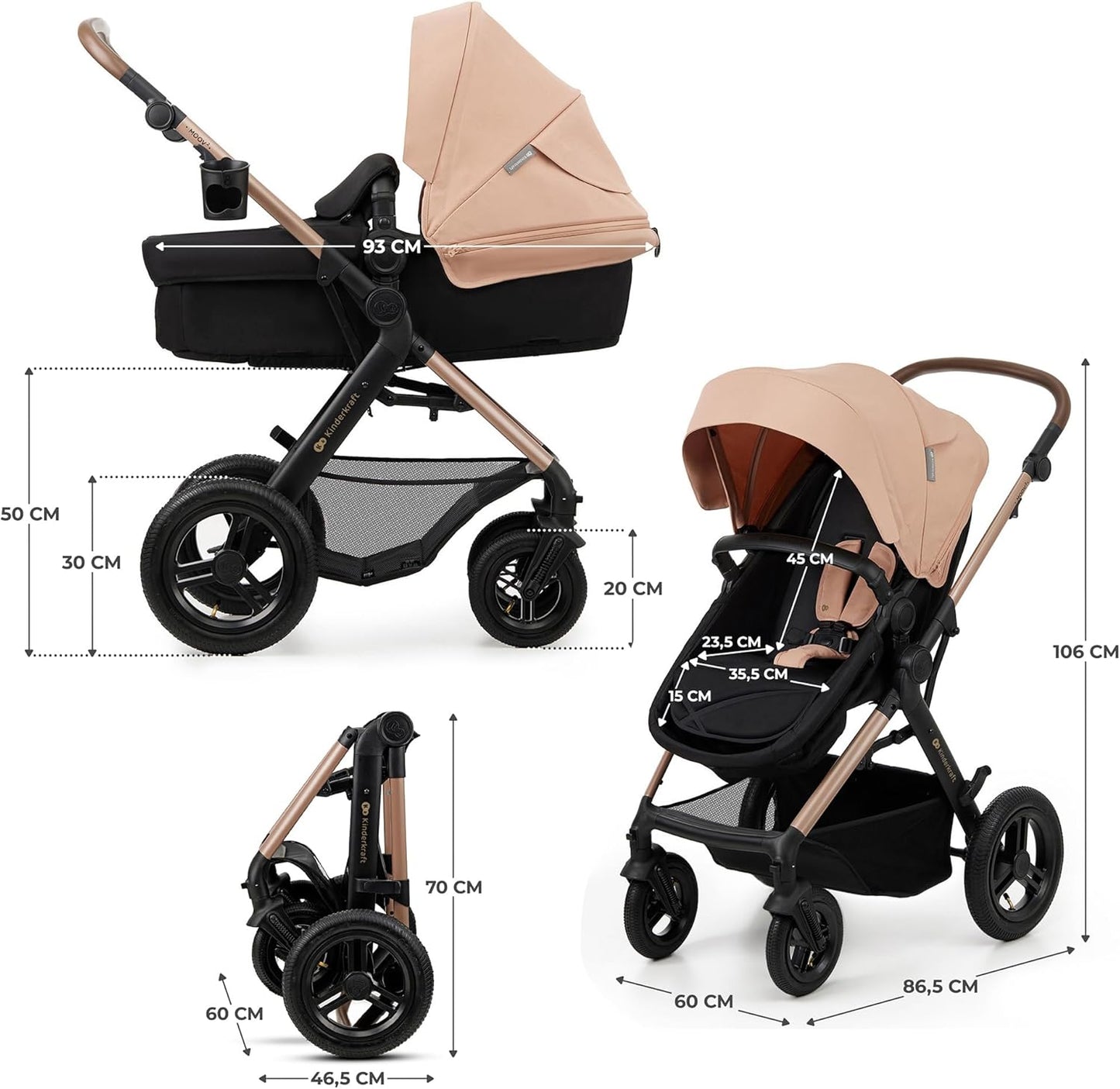 Kinderkraft MOOV2 AIR pram set beige pushchair with rose gold frame black wheels and carrycot dimensions