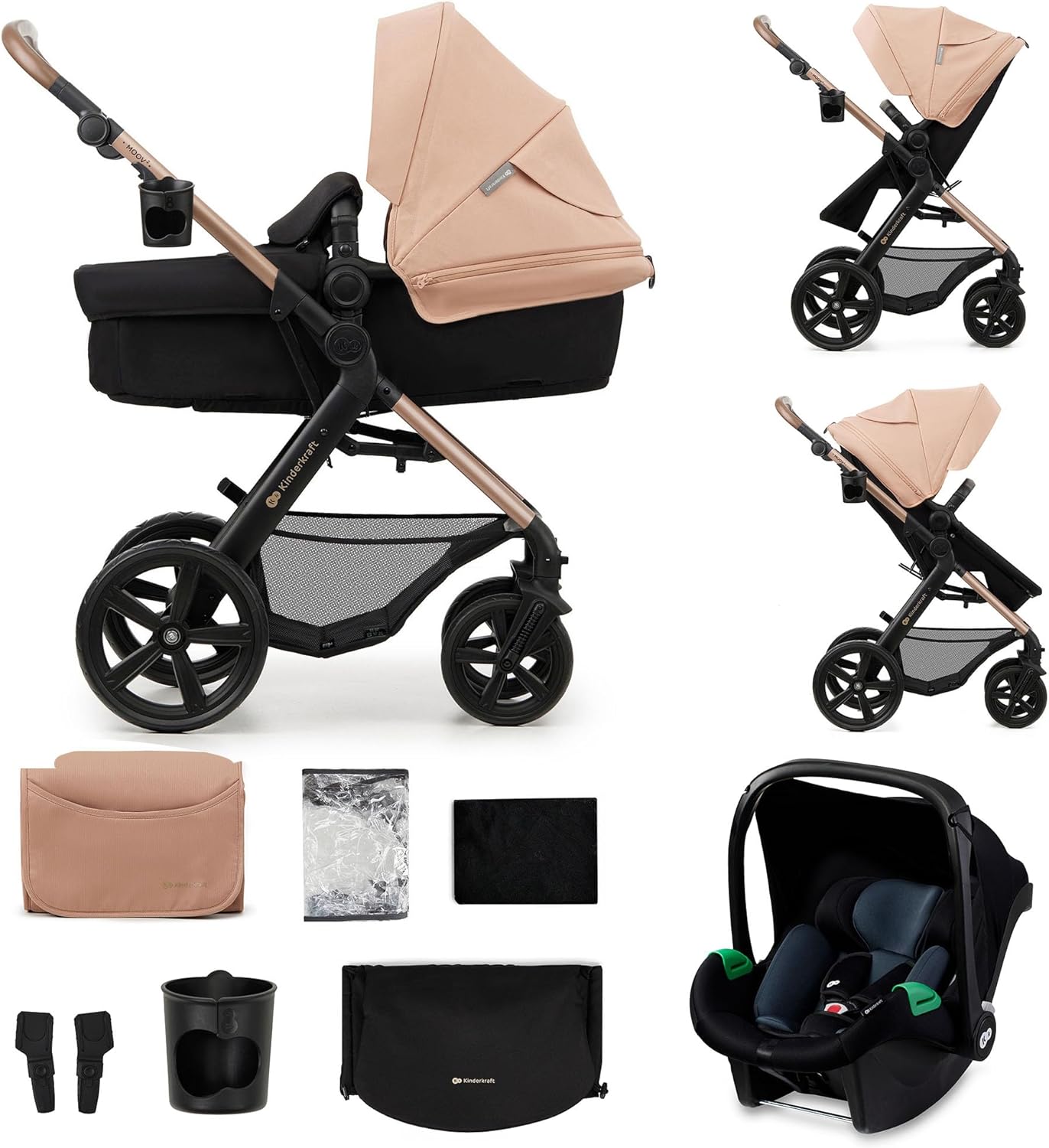 Kinderkraft MOOV2 AIR pram set beige travel system with carrycot pushchair seat car seat and accessories