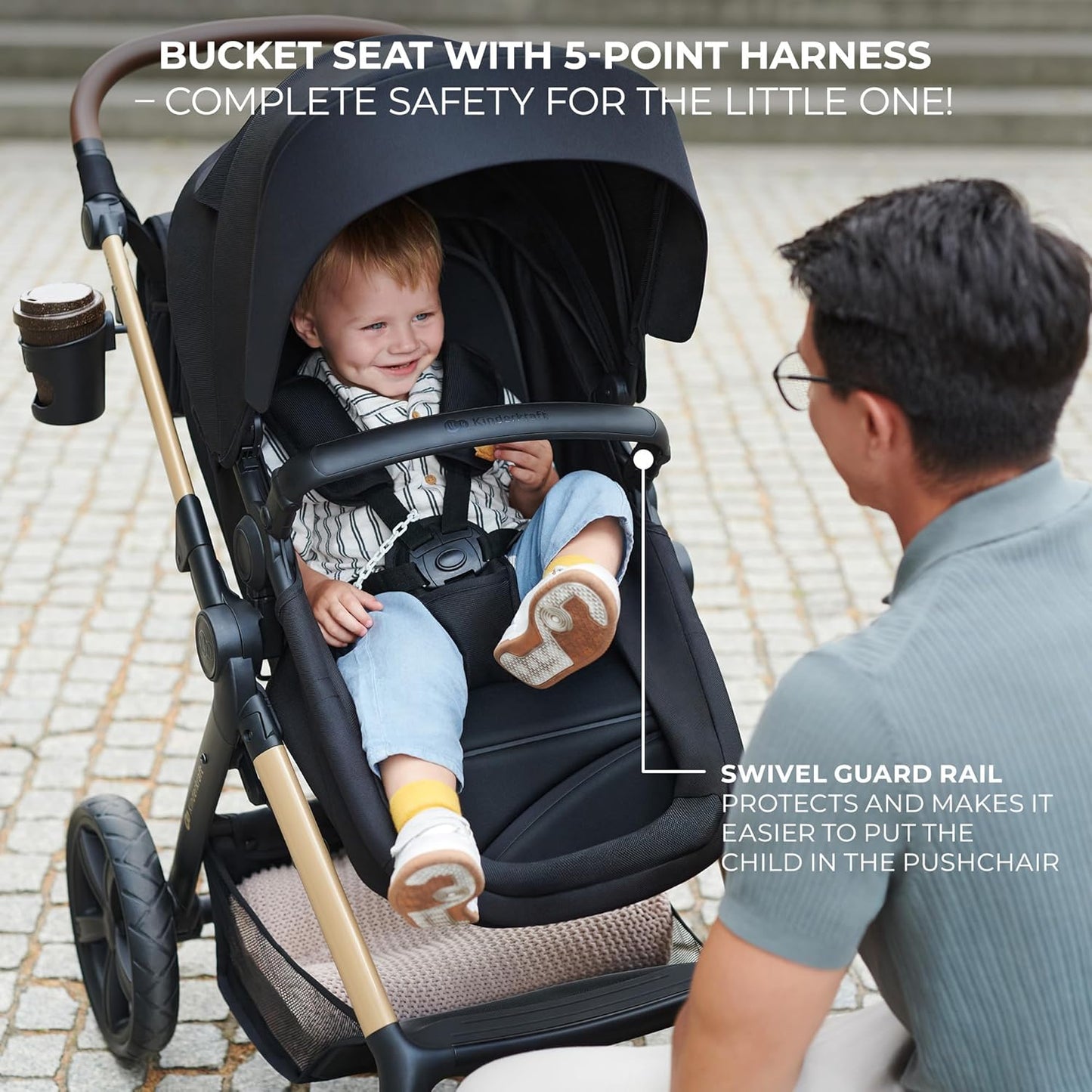 Luxurymania24 Kinderkraft MOOV2 AIR pram set black with toddler in 5 point harness and swivel guard rail