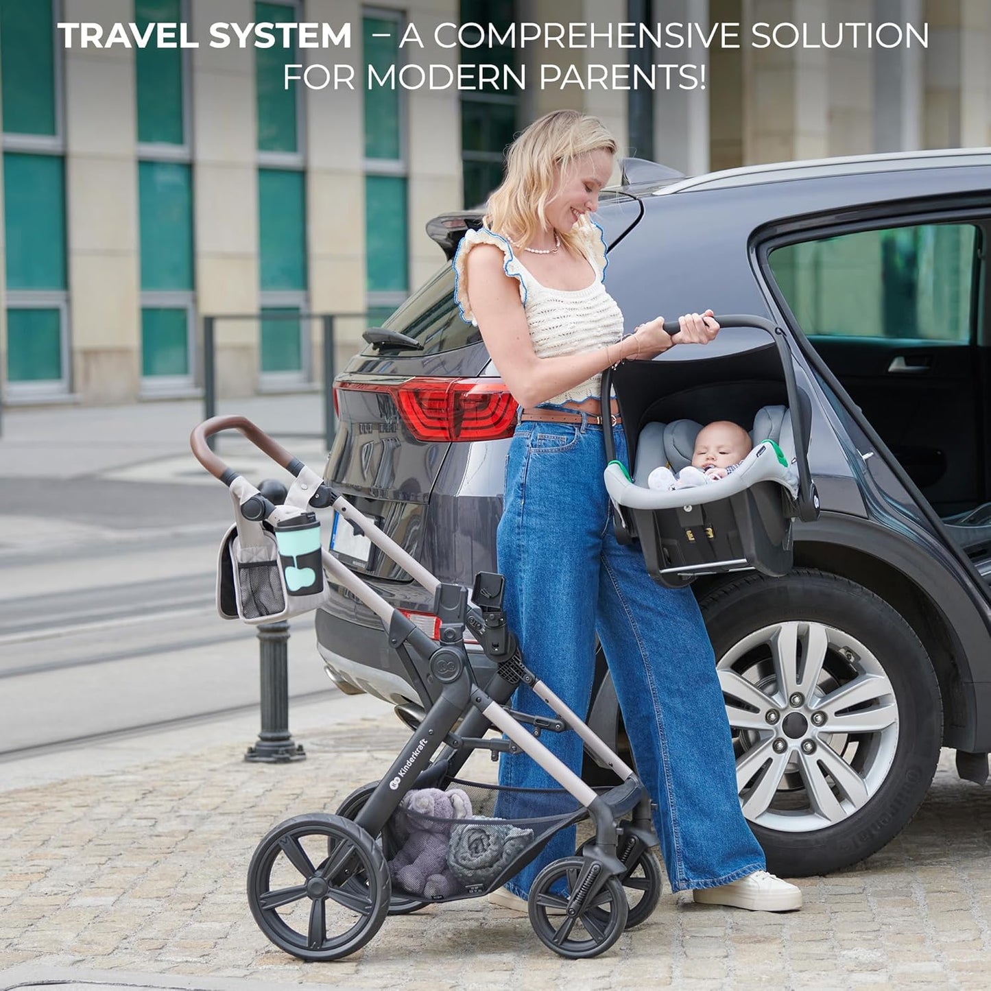 Luxurymania24 Kinderkraft MOOV2 AIR pram set with baby car seat being lifted from car boot by mother for urban stroll