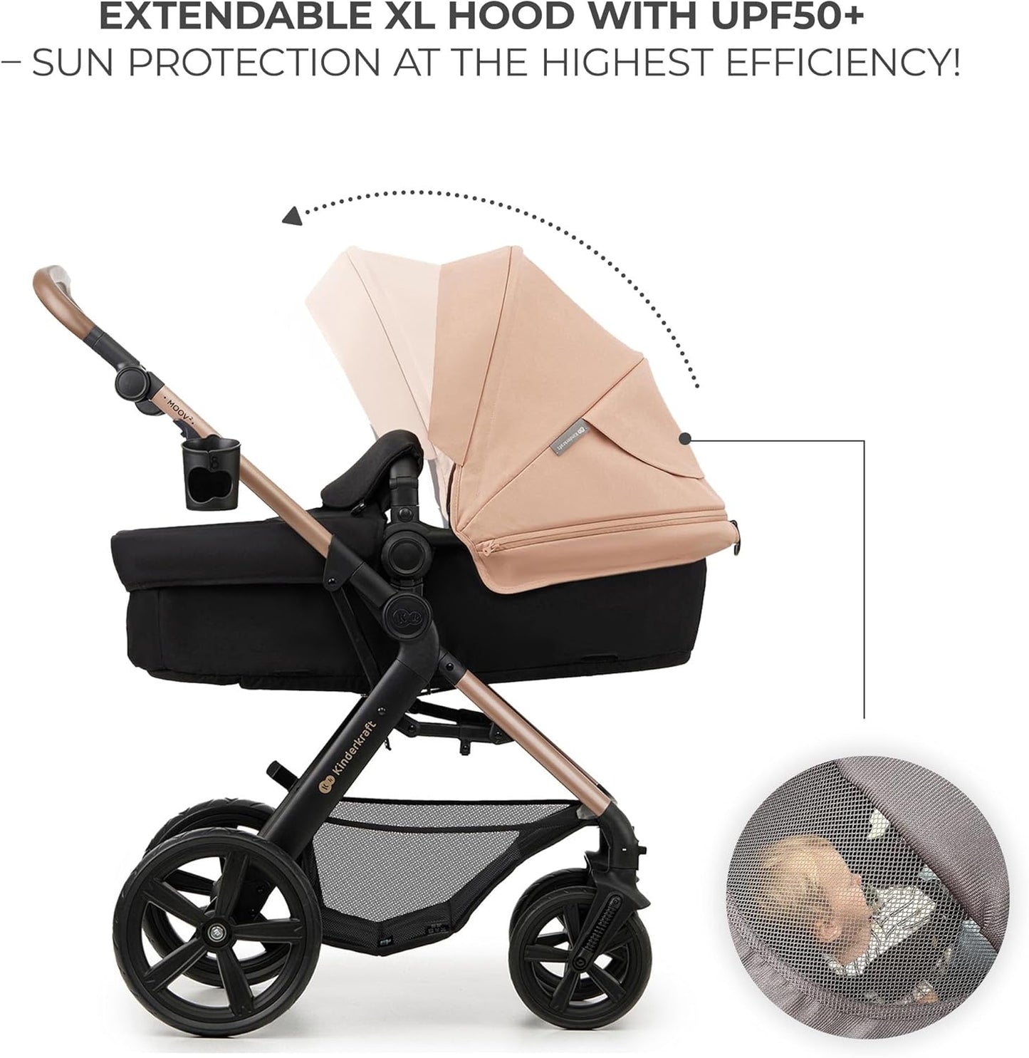 Kinderkraft MOOV2 AIR pram set with extendable XL hood and UPF50 sun protection in beige and black