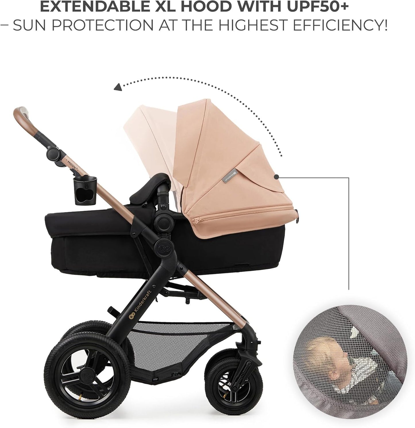 Luxurymania24 Kinderkraft MOOV2 AIR pram set with extendable beige hood UPF50 sun protection black bassinet wheels