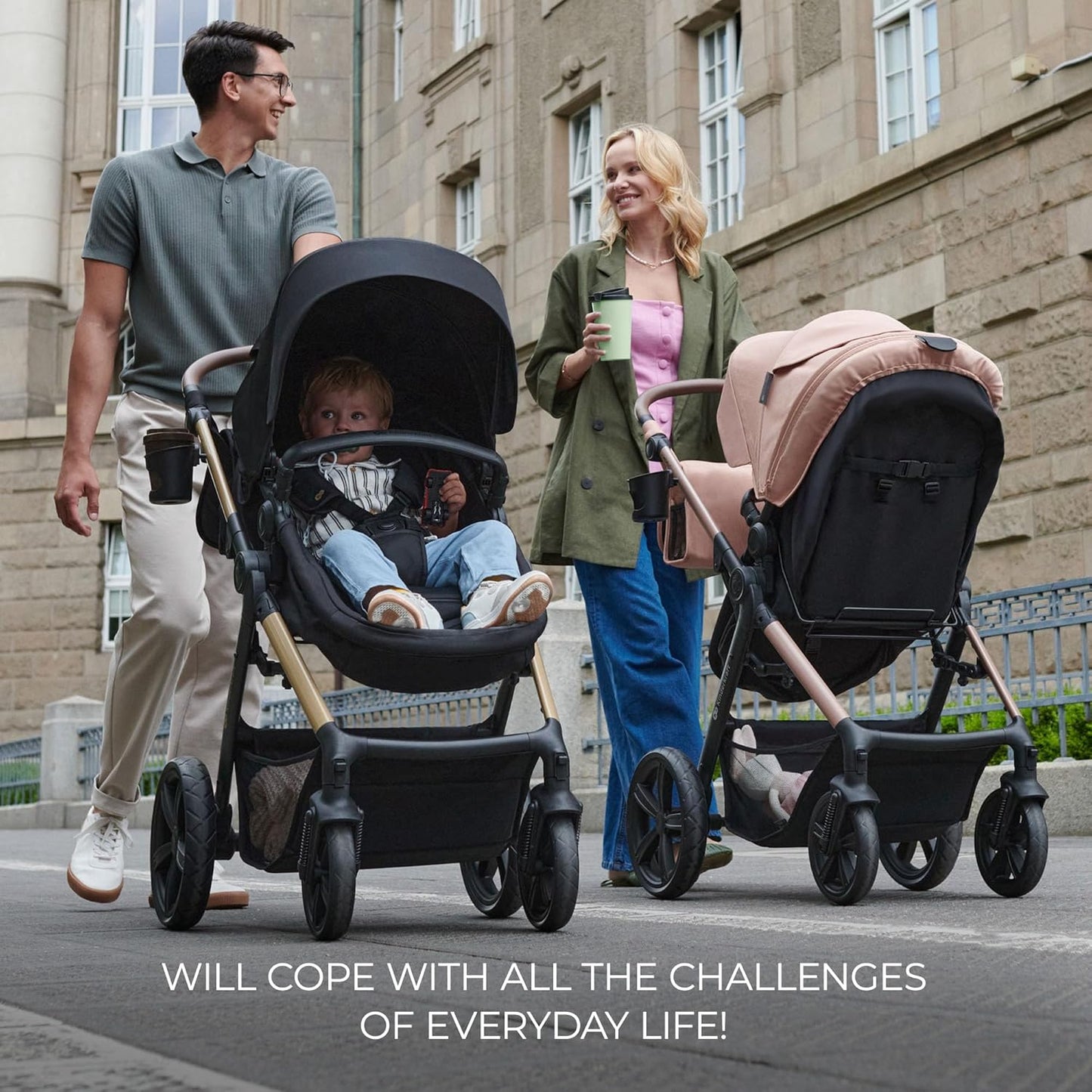 Luxurymania Kinderkraft MOOV2 AIR pram set with two parents pushing kids in black and pink strollers outdoors