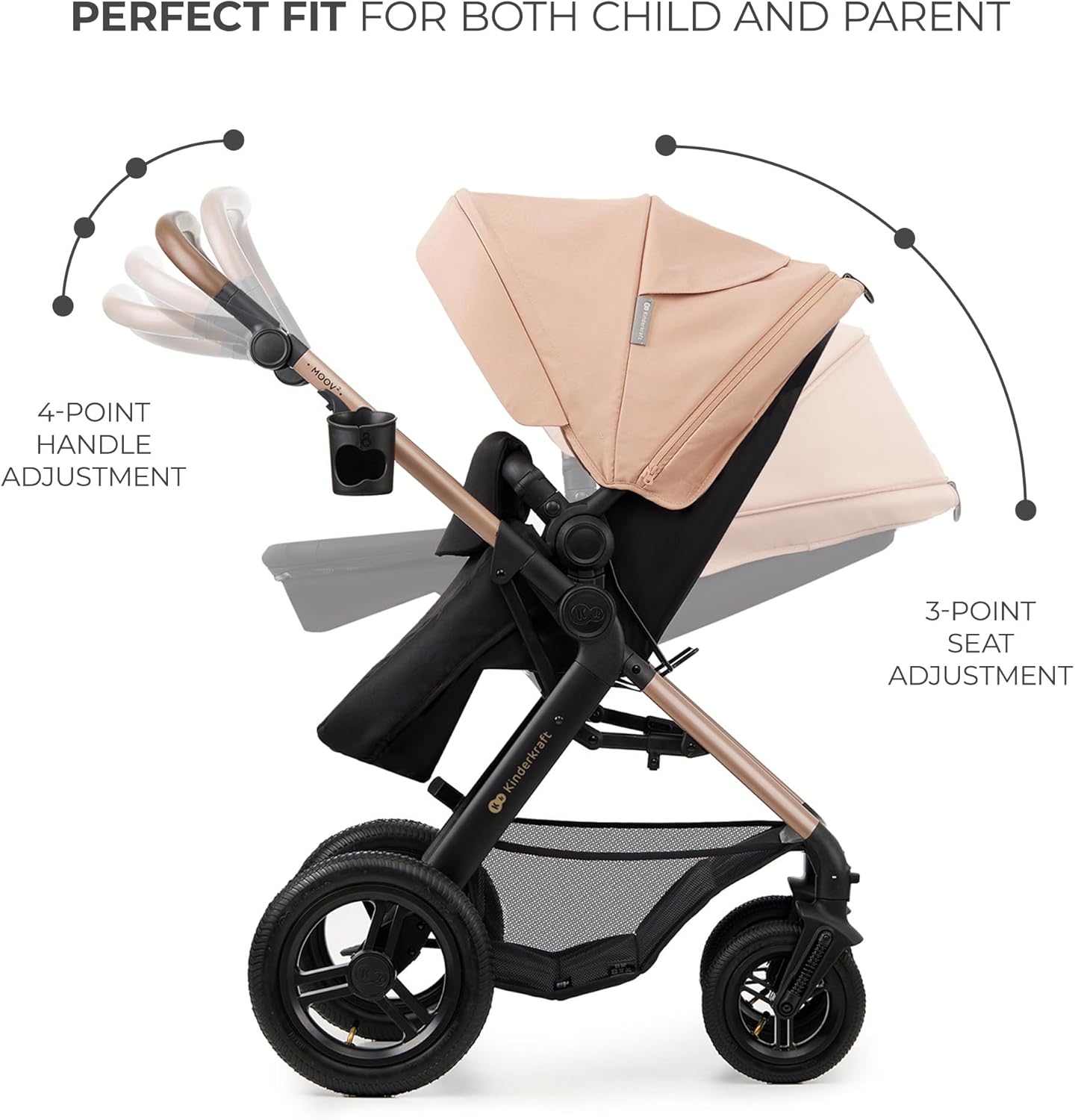 Luxurymania24 Kinderkraft MOOV2 AIR pram set showing rose beige canopy black chassis adjustable 4 point handle and 3 point seat