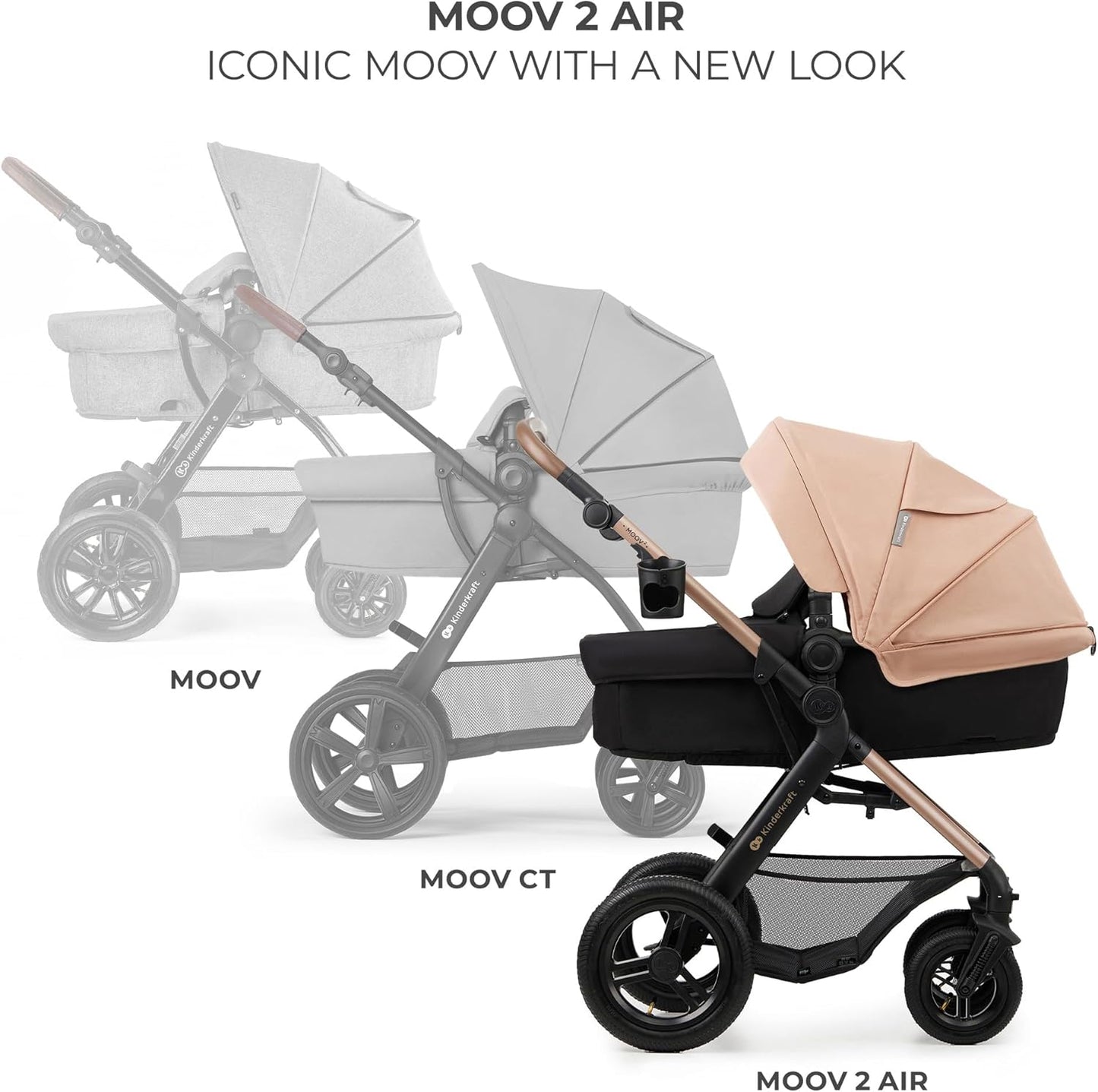 Kinderkraft MOOV2 AIR pram set showing rose beige carrycot on black chassis with large all terrain wheels and adjustable canopy