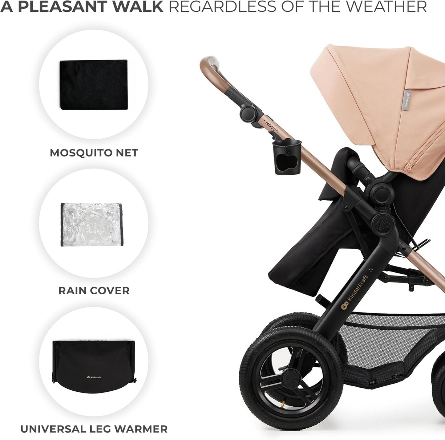 Kinderkraft MOOV2 AIR pram set by Luxurymania24 beige canopy, all terrain wheels, cup holder, mosquito net, rain cover, leg warmer