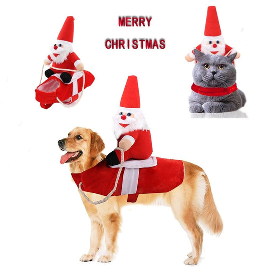 Large Dog Santa Claus Riding Costume featuring festive design with attached Santa figure