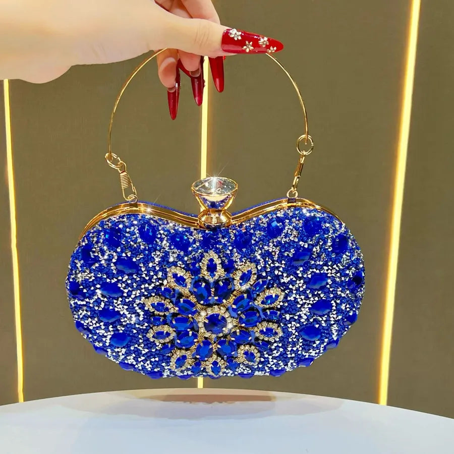 Lightweight embellished shoulder bag women with ornate blue design and metal handle for elegant style