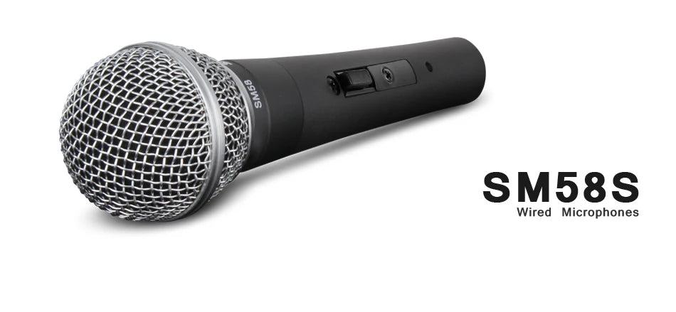 Black handheld SM58 dynamic vocal microphone with silver grille and on off switch ideal for live vocals