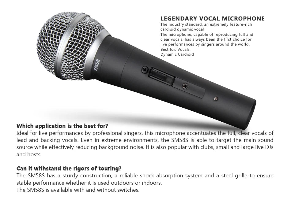 SM58 dynamic vocal microphone on white background showing metal grille and body switch ideal for live vocals on stage