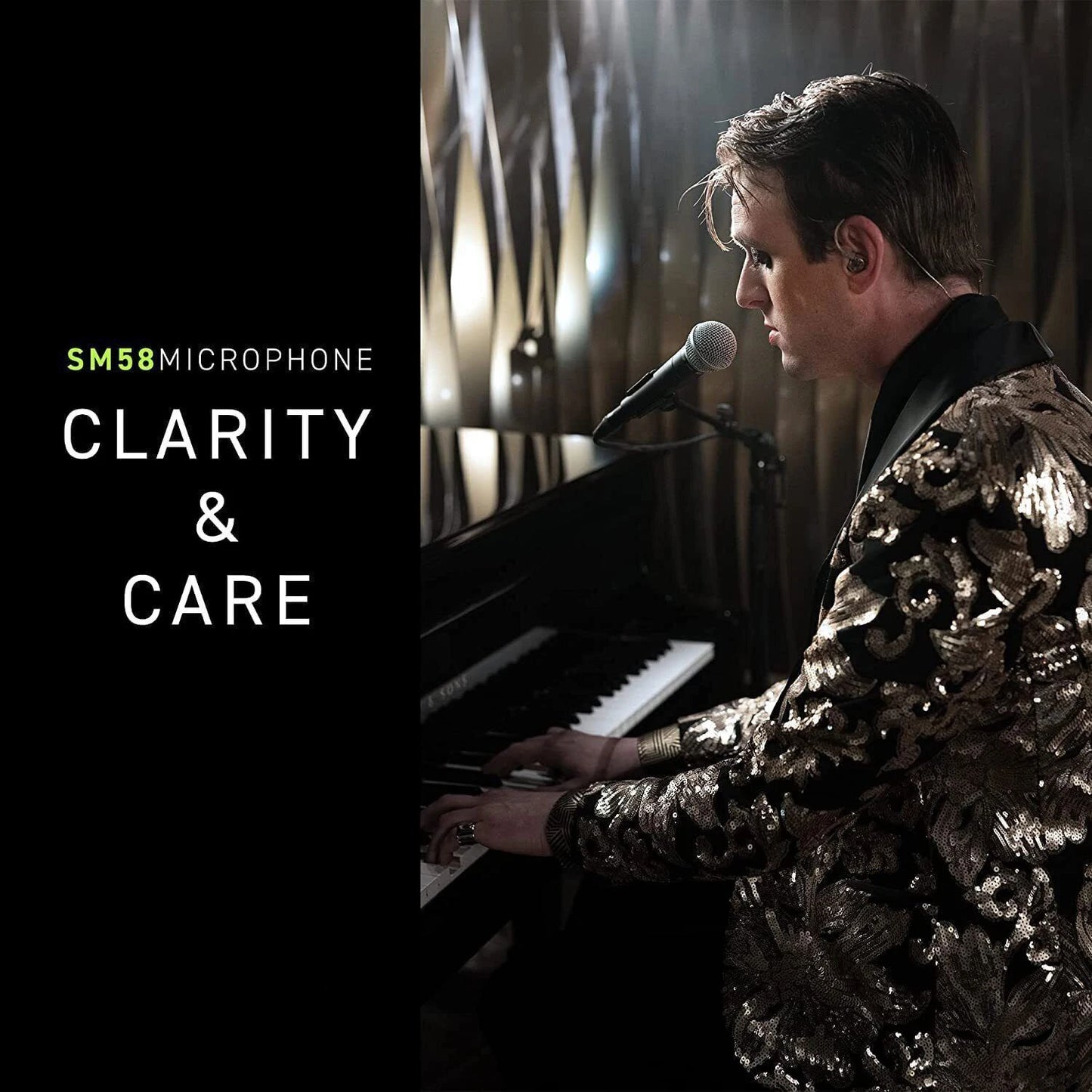 Singer at piano using SM58 dynamic vocal microphone for clear stage vocals with cardioid pickup pattern