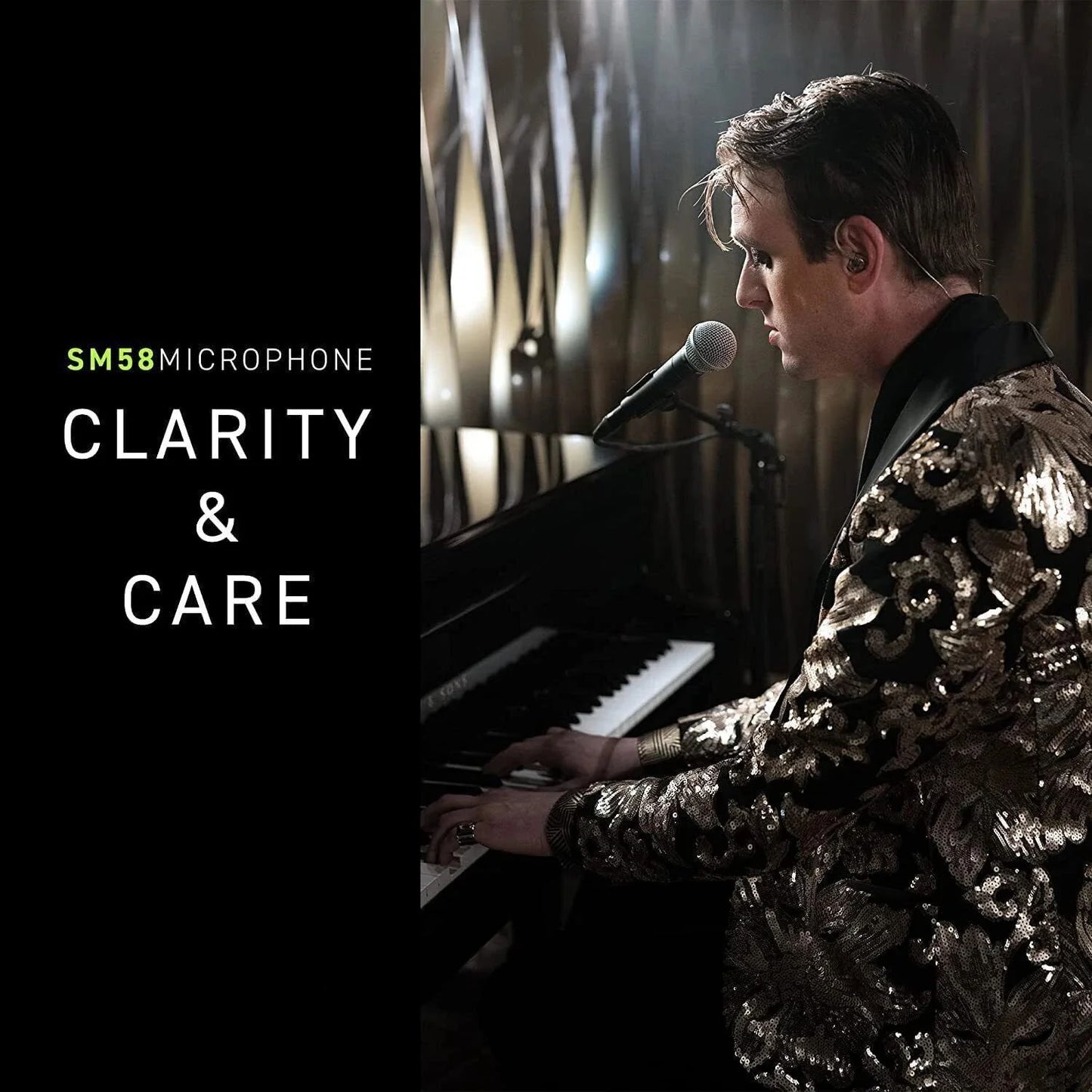 Singer at piano using SM58 dynamic vocal microphone on stand in intimate performance for clear studio quality