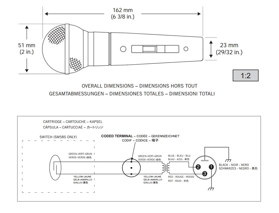 SM58 dynamic vocal microphone technical diagram showing dimensions 162 mm 51 mm 23 mm and wiring pinout