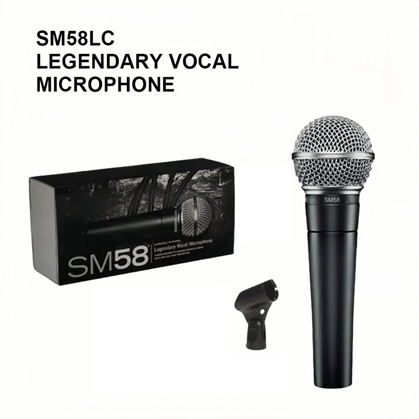 SM58 dynamic vocal microphone with black body silver grille retail box and mic clip for live vocals
