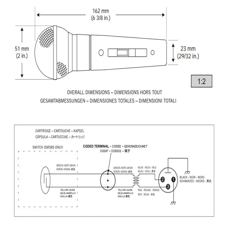 SM58 dynamic vocal microphone technical diagram showing dimensions 162x51x23mm and wiring schematic Luxurymania24